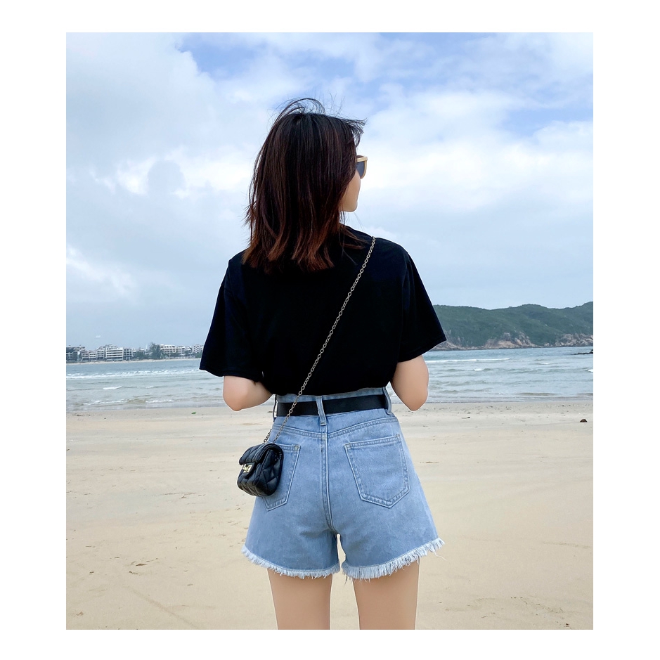 Quần Short Denim Lưng Cao Ống Rộng Màu Trơn Phong Cách Hàn Quốc Cho Nữ