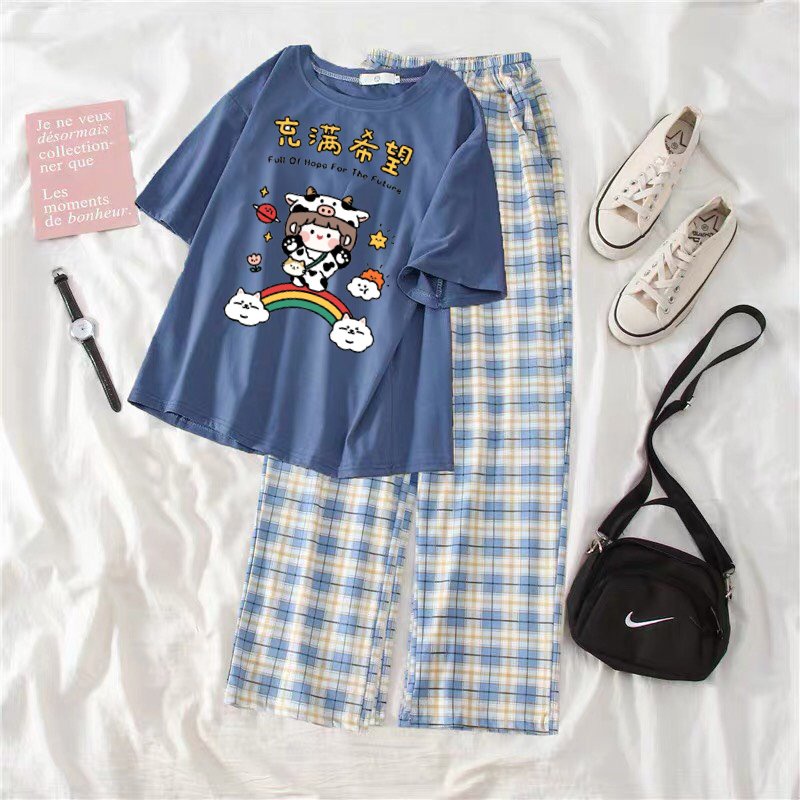 Sét áo phông Cô bé bò sữa + quần kẻ, Áo thun from rộng, rộng rãi thoải mái mặc ở nhà và mặc đi chơi - FANI
