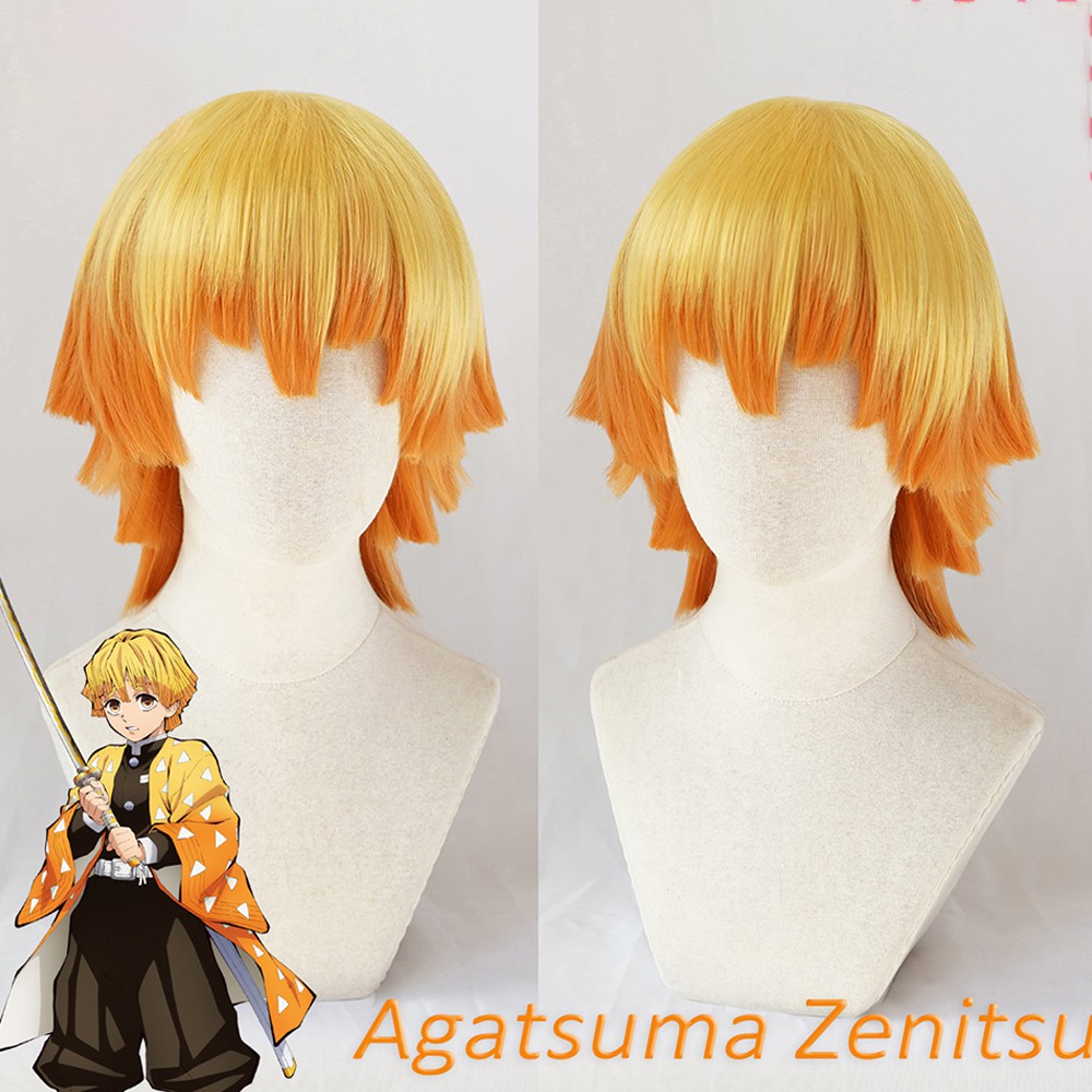 EPOCH High Quality Anime Synthetic Wigs for Theme Party Curly Short Hair Agatsuma Zenitsu Cosplay Wigs Men Yellow Gradient Orange with Hairnet High Temperature Fiber for Demon Slayer Costume