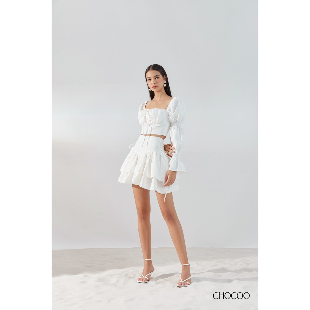 CHOCOO - Áo Kiểu Dài Tay Cổ Vuông Tay Phồng DULCIE TOP Cúp Ngực Cột Nơ Màu Trắng