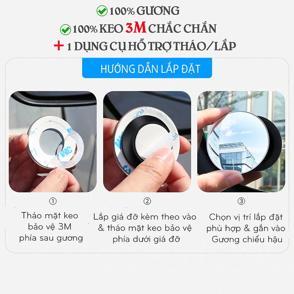 Gương Xóa Điểm Mù, Gương Cầu Lồi xoay 360 gắn kính hậu ô tô, giúp mở rộng vùng quan sát - Trung Đức VN