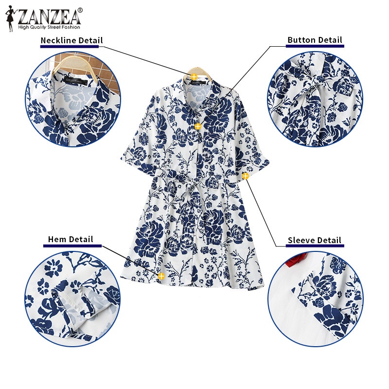 Đầm mini Zanzea cổ bẻ tay lỡ in họa tiết hoa thời trang cho nữ