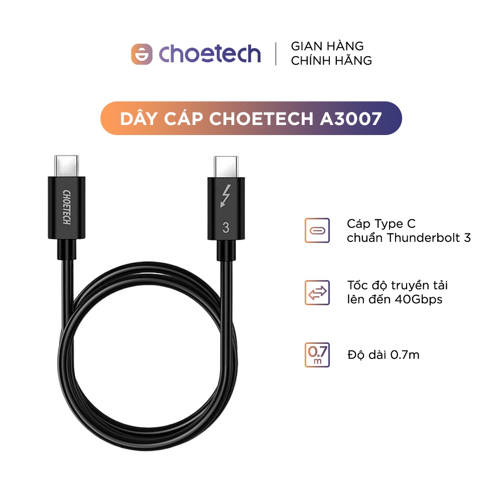 Dây cáp CHOETECH USB-C ra USB-C chuẩn Thunderbolt 3 - A3007