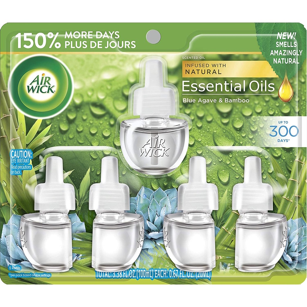 Tinh Dầu Cắm Điện Air Wick Scented Oil Blue Agave& Bamboo (Sen Đá& Tre xanh) 20ml x 5, Thay Thế Cho Phích Cắm Điện Mỹ