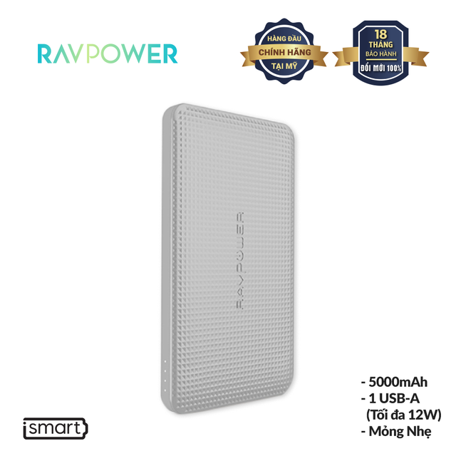 [Mã LT50 giảm 50k đơn 250k] Pin Sạc Dự Phòng RAVPower 5000mAh Công nghệ iSmart, Thiết Kế Mỏng Nhẹ RP-PB093