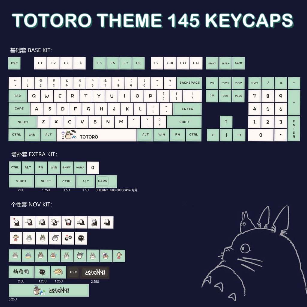 GMK Totoro Keycaps, 145 phím PBT Keycaps XDA Cấu hình DYE-SUB Cá nhân hóa GMK Keycaps cho bàn phím cơtoro Cá Tính Cho Bàn Phím Cơ