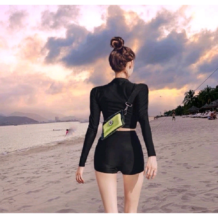 Đồ bơi nữ bikini đi biển nữ 2 mảnh lưng cao áo tay dài màu đen cá tính VATIXA BKN117