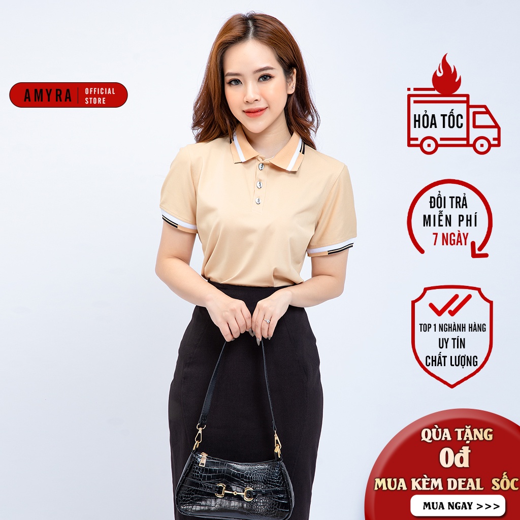 Áo thun polo nữ có cổ công sở AMYRA, mắt chim phông rộng tay ngắn thun trơn cao cấp mặc đi làm, đi chơi basic AT031