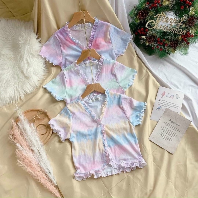 Áo croptop loang màu viền bèo chất thun gân - A0N