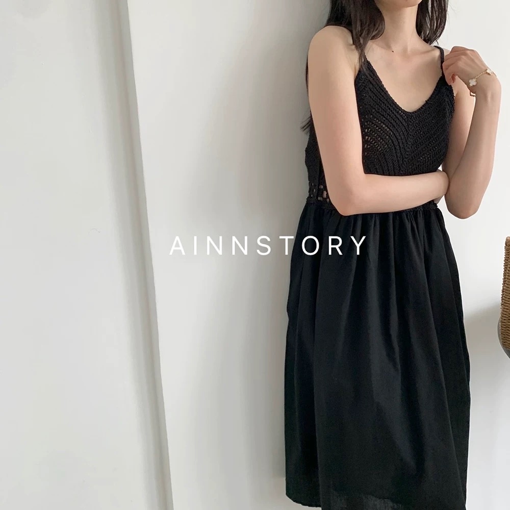 MS592 Váy maxi hai dây đan móc đi biển, đầm dáng xoè dễ thương