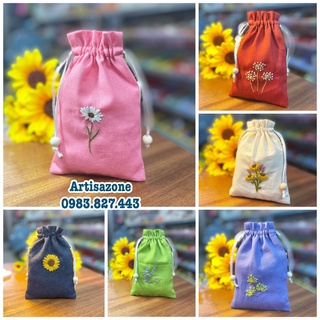 Túi vải dây rút thêu hoa mini, kích thước: 18cm x 12cm (Vải thô mộc) - 01 chiếc - (Đọc kỹ mô tả sản phẩm)