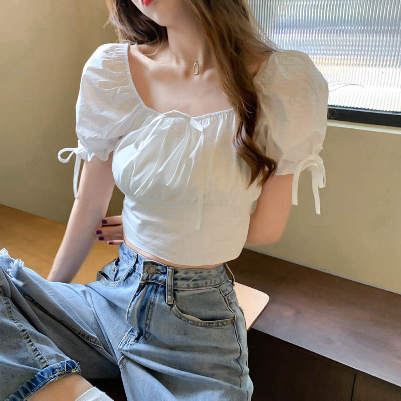 ngắn tay sơ mi áo sơ mi nữ áo áo thun tay lỡ Áo Croptop Lưng Cao Tay Phồng Xinh Xắn Dành Cho Nữ