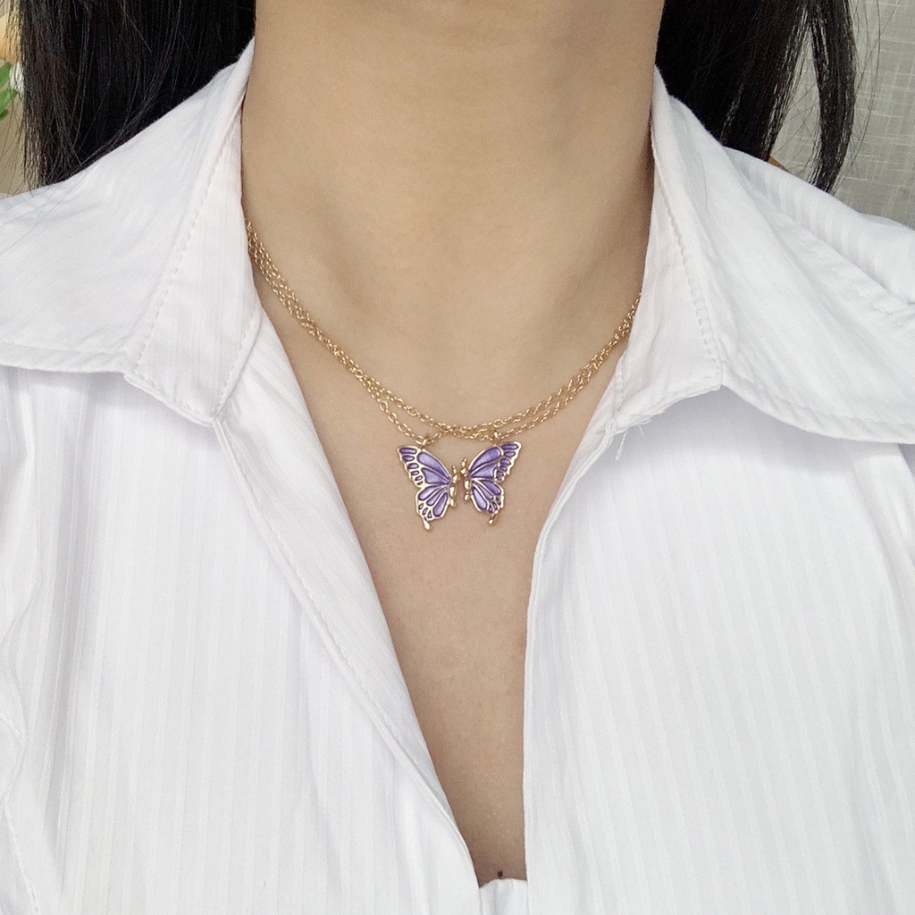 Vòng cổ Vàng Mặt Hình Bướm Xếp Chồng Đơn Giản Thời Trang Cho Nữ