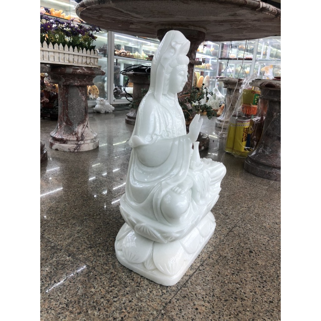 Tượng Phật Bà Quan Thế Âm Bồ Tát ngồi đài sen cầu bình an đá trắng - Cao 50 cm