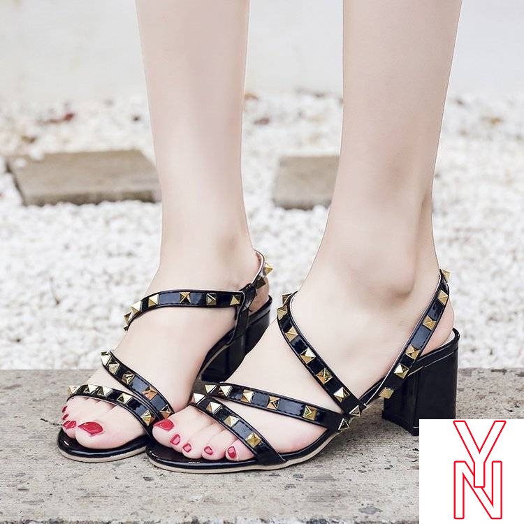 Giày Sandal Cao Gót Hở Mũi Phối Đinh Tán Phong Cách Hàn Quốc Dành Cho Nữ Size 41