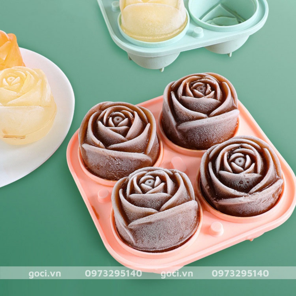 Khay Đá Hoa Hồng silicon có nắp xinh xắn cute khuôn làm thạch trang trí đồ uống 4 Viên