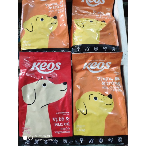 Thức ăn cho chó nhỏ và chó lớn KEOS gói 1.5kg vị sữa, gà và trứng. Vị bò và rau củ!