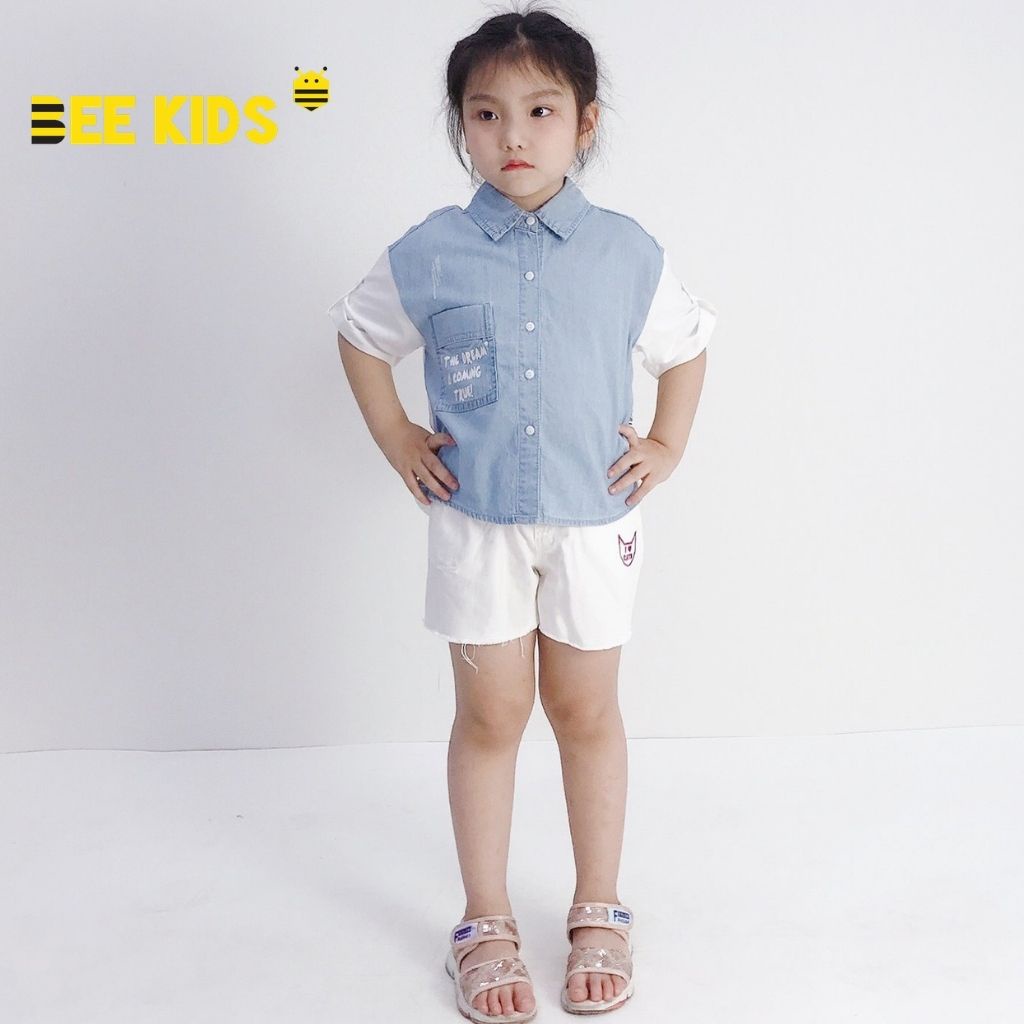 Quần Short Bé Gái Bee Kids Mài Rách Kaki Cạp Chun Thêu Hình Mèo Đáng Yêu Cho Bé (2-12 Tuổi) 7QK01613SX