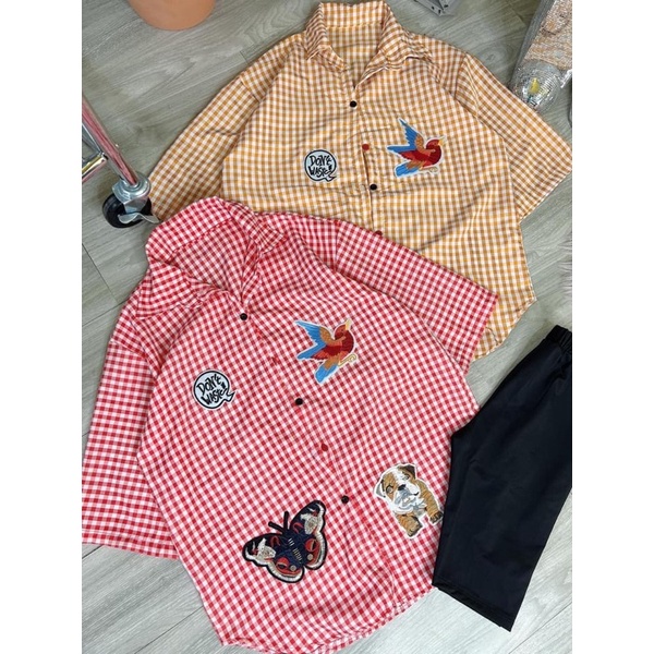 Set Bộ Ngố Sơ Mi Nữ Caro Thêu Hình Động Vật Mặc Đi Dạo Phố Trà Sữa