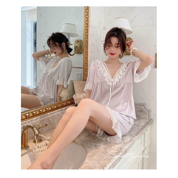 Pijama cộc đùi bánh bèo thắt nơ màu trơn lụa sang