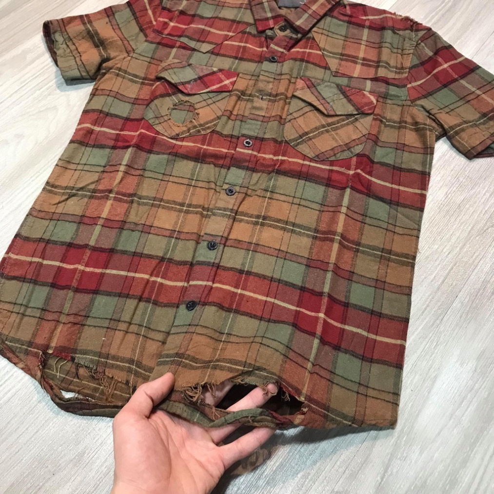 (Ảnh thật) Sơ mi nam ngắn tay rách gấu kẻ, cổ bẻ thời trang-Cancer Fashion.