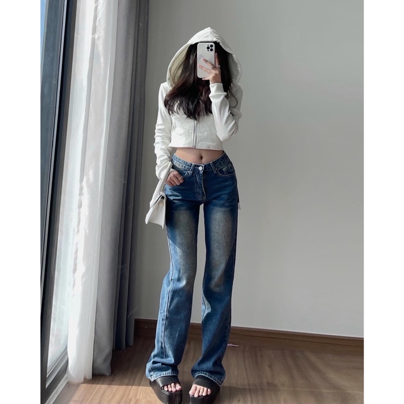 Quần jeans lưng thấp - Áo khoác trắng gân dày co giãn