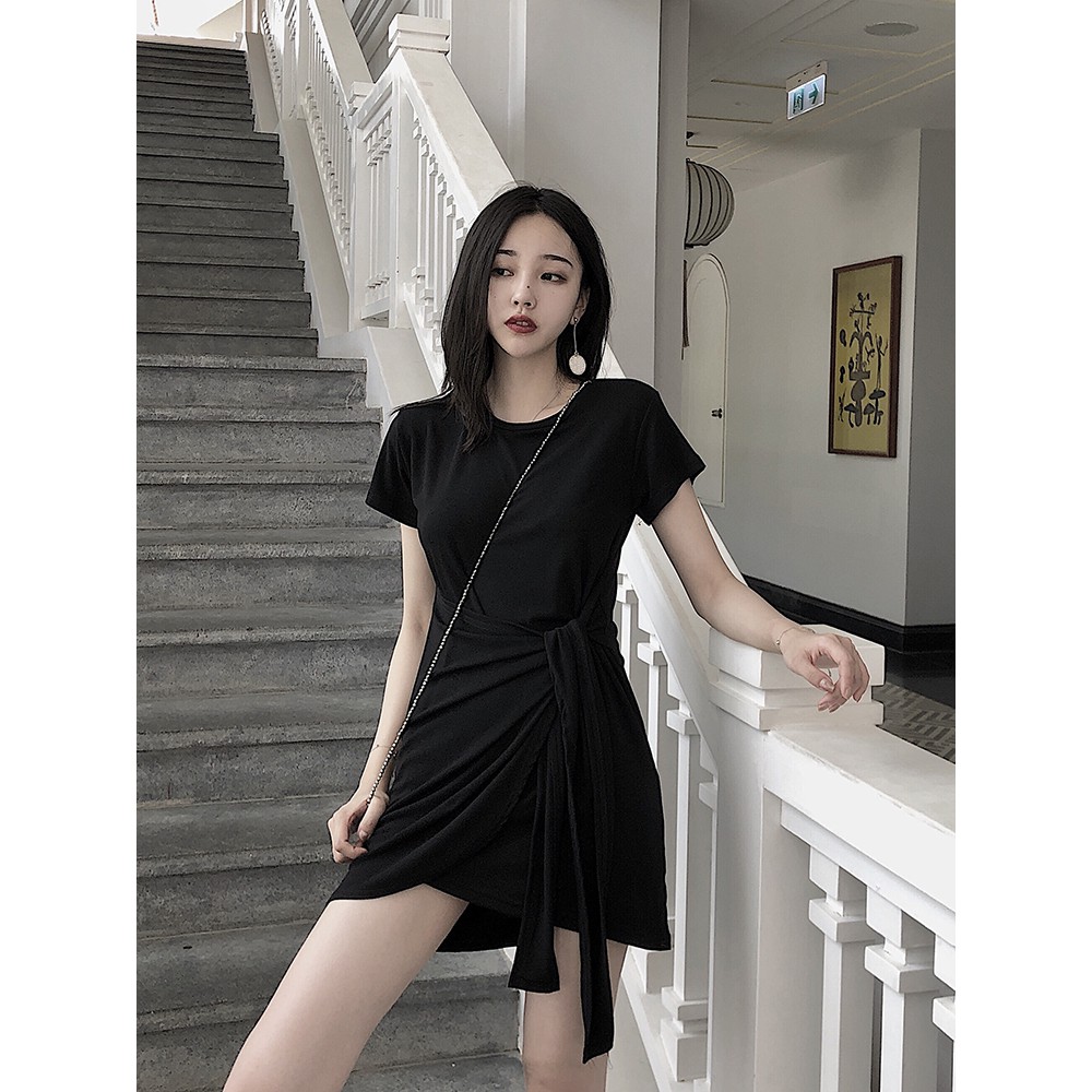 Casual Dress for Women Loose Dress Korean Dress for Women Black Dress Grey Cotton Dress Short Sleeve Midi Dresses for Women Koean Dress Woman Dress Irregularity T Shirt Dress