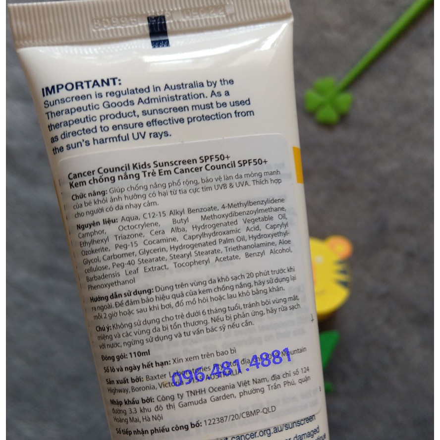 [CHÍNH HÃNG] Kem chống nắng Cute cho em bé Cancer Council Kids Suncreen SPF50/PA++++ 110ml