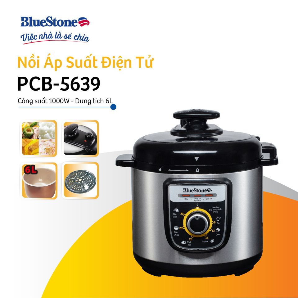 Nồi Áp Suất Điện Bluestone PCB-5639, 6Lit-1000W , Lòng Nồi 5 Lớp Siêu Dày , Bảo Hành Chính Hãng 2 Năm