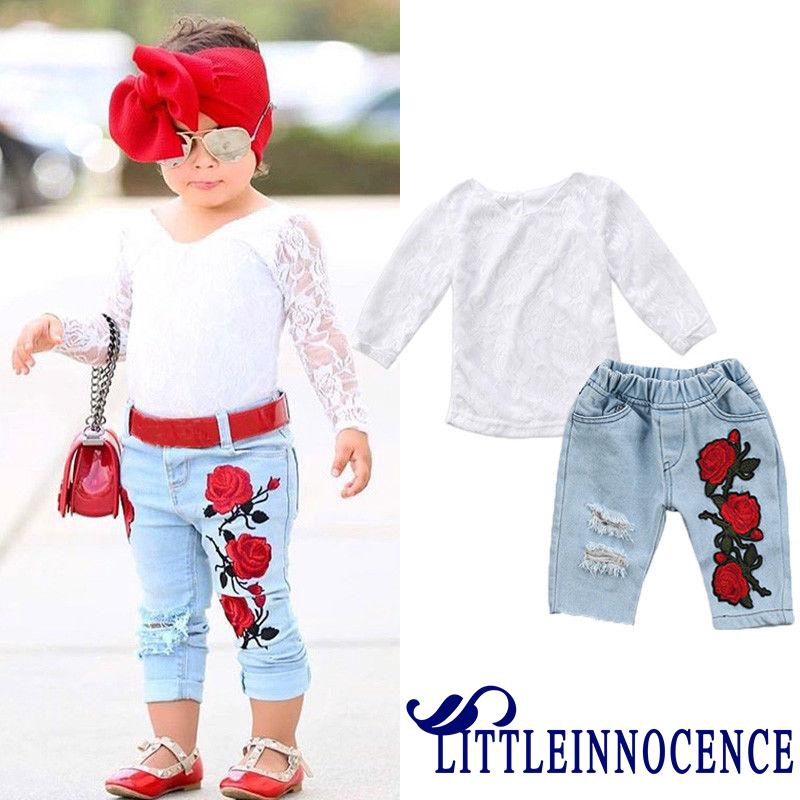 Set áo ren hoa 3D + quần denim cho bé gái