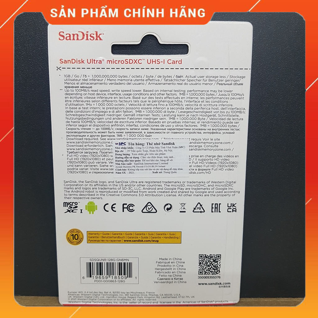 Thẻ nhớ SanDisk Ultra Class 10 128GB 100MB/s - Dùng cho camera, máy ảnh, điện thoại - Hàng chính hãng