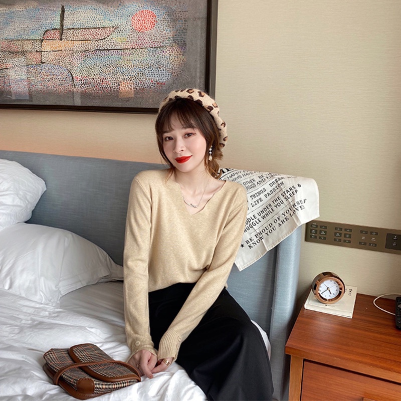 Áo kiểu dệt kim Pure Cube tay dài cổ chữ V dáng rộng thời trang mùa thu mới dành cho nữ