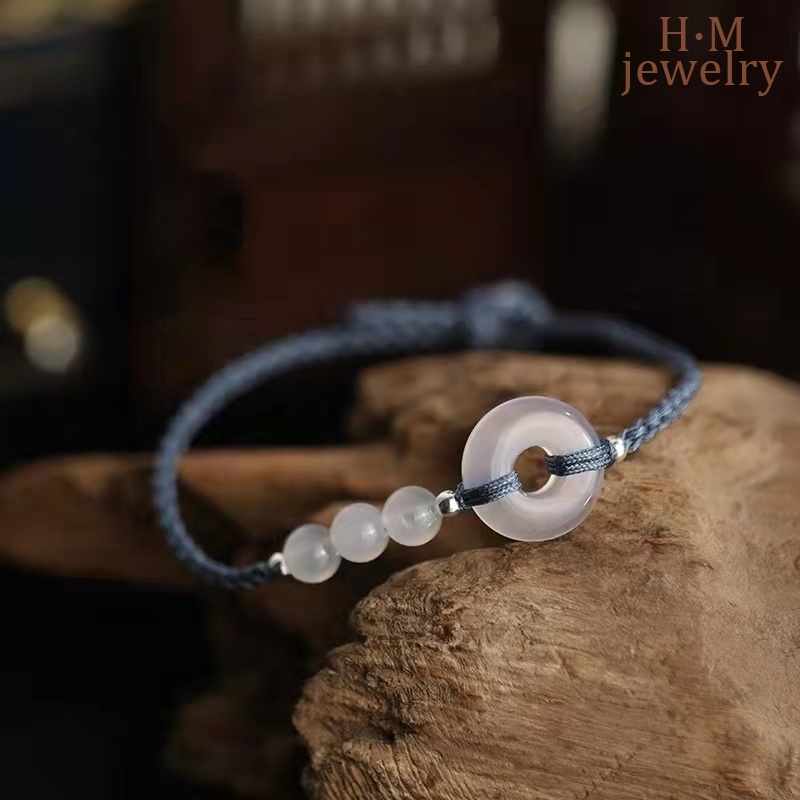 Vòng Tay Dây Bện Đính Hạt Ngọc Bích Màu Xanh Dương Mang Lại May Mắn Ins Hetian