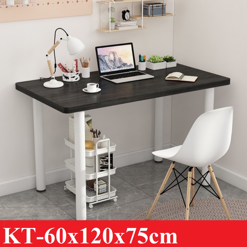Bàn làm việc chân trụ tròn kiểu hiện đại. Chân sơn tĩnh điện màu trắng, mặt gỗ MDF cao cấp kích thước 60x120x75cm.