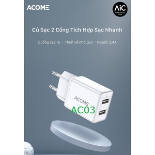 Cốc Sạc Nhanh 2 Cổng USB ACOME AC03 - Sạc Nhanh 2.4A – TƯƠNG THÍCH VỚI ANDROID & IOS - CHÍNH HÃNG