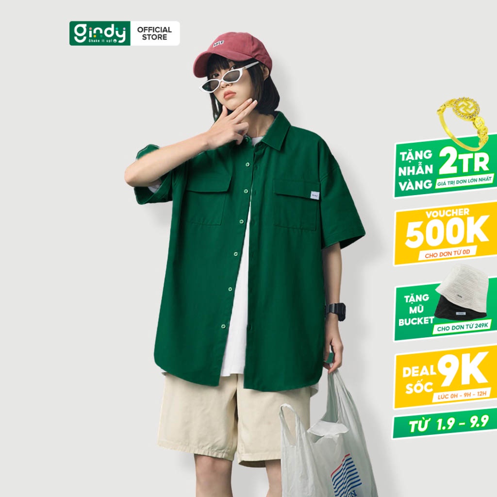 Áo sơ mi unisex Màu HOT TREND tay ngắn nam nữ GINDY form rộng có túi phong cách Ulzzang A015