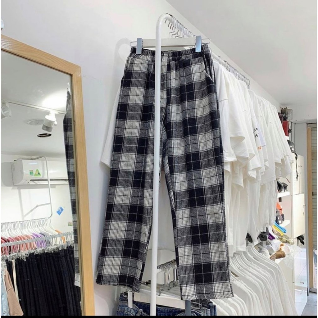 Q002 Quần suông dài vải kẻ caro nam nữ nâu đen dáng rộng oversize Ulzzang Quần baggy sọc freesize hot trend đi học chơi