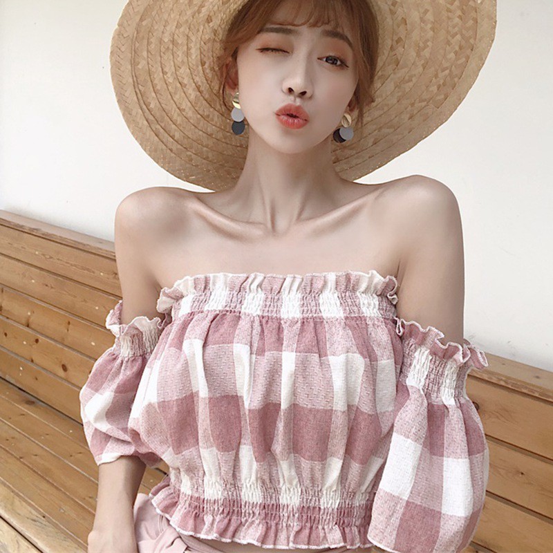 Áo croptop trễ vai phồng caro (CÓ ẢNH THẬT) | BigBuy360 - bigbuy360.vn