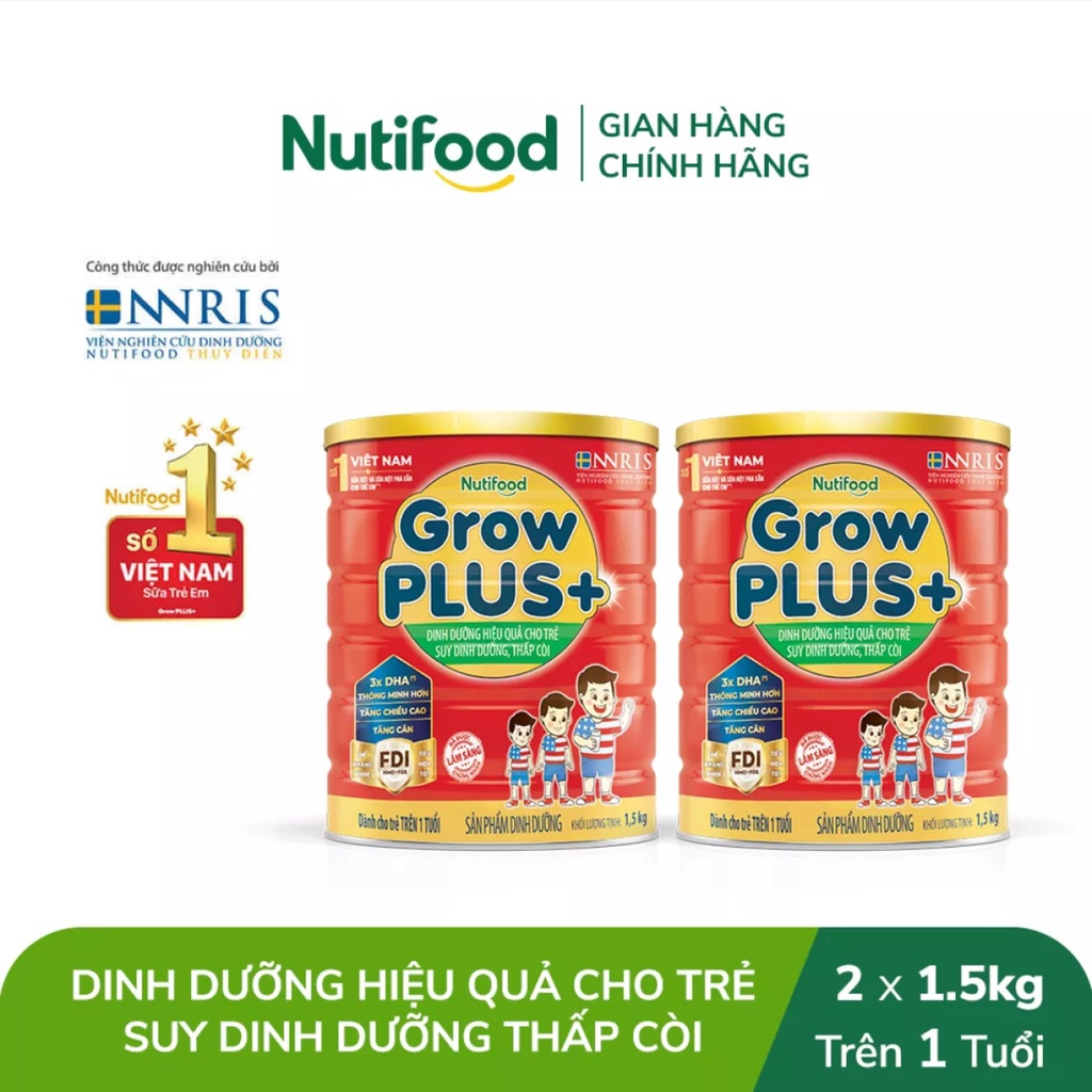 [HSD T3-2024] [Kèm Tem Trúng Thưởng] Combo 2 Hộp Sữa Bột Grow PLUS+ SDD Và Thấp Còi 1.5kg Đỏ