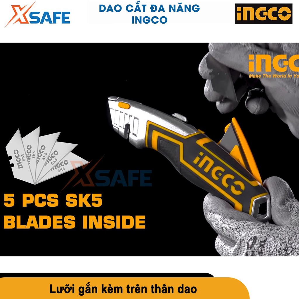 Dao cắt rọc đa năng INGCO HUK6128 lưỡi SK5, kích thước lưỡi dao 61x19mm, kèm theo 5 lưỡi [CHÍNH HÃNG][XSAFE]