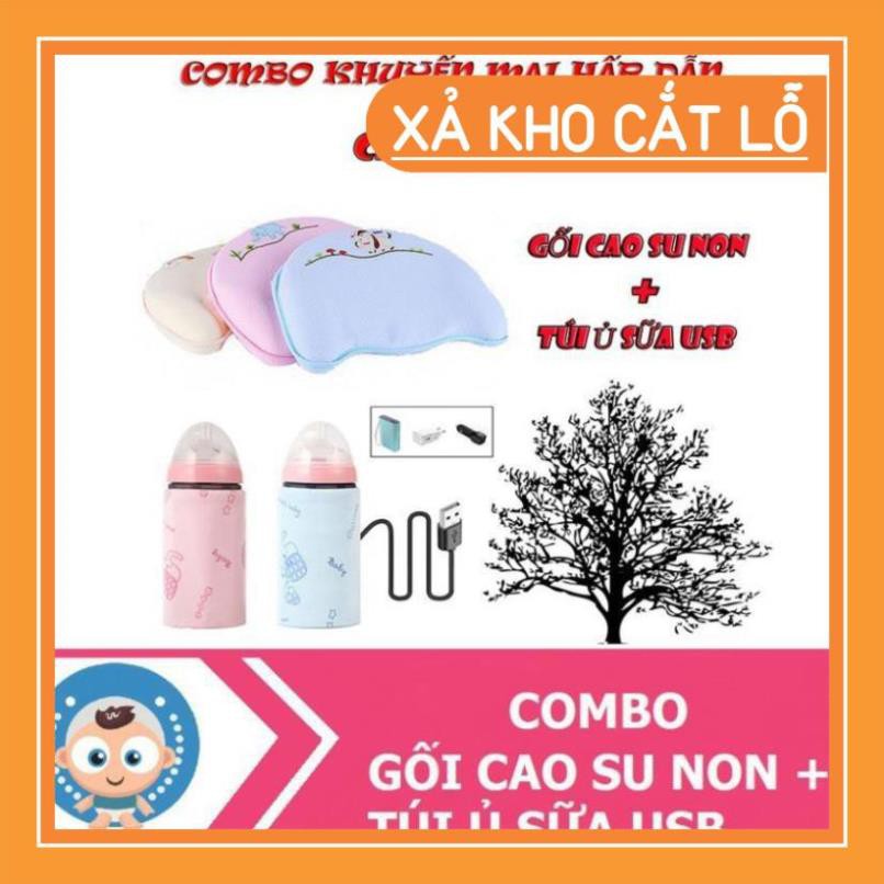Combo Gối cao su non chống bẹp đầu cho trẻ sơ sinh và túi ủ ấm bình sữa