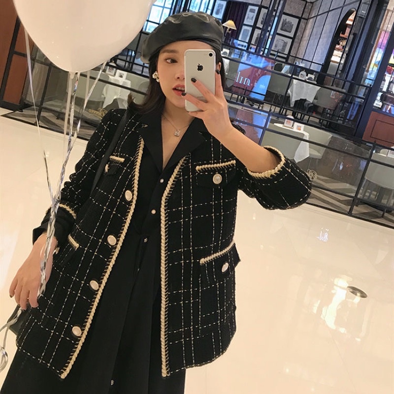Freeship áo dạ tweed hai lớp lót lụa cổ V dáng dài hàn quốc