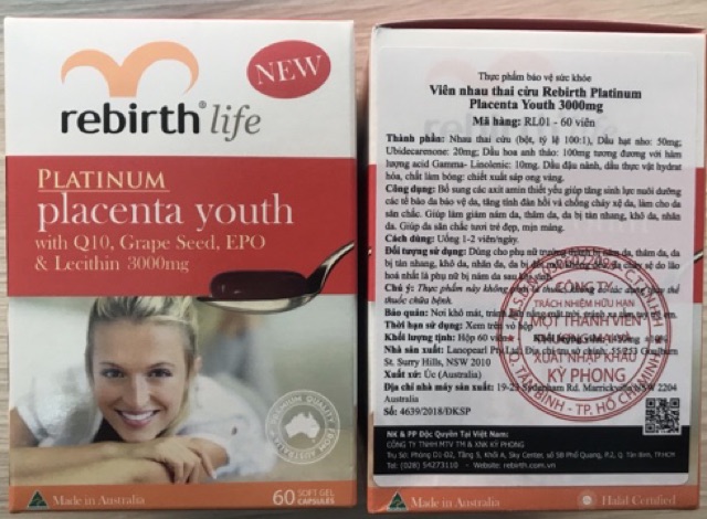 Viên uống Nhau thai cừu Rebirth Life Platinum Placenta Youth (Nhập Khẩu 100% Chính Hãng)