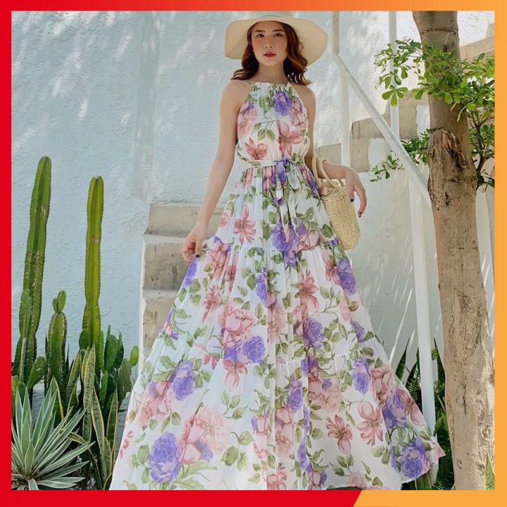 Váy maxi hoa⚡𝑺𝑰𝑬̂𝑼 𝑻𝑶̂𝑵 𝑫𝑨́𝑵𝑮⚡ Váy dáng dài đi biển, vải voan 2 lớp, mềm mại, hàng Quảng Châu cao cấp loại 1 | BigBuy360 - bigbuy360.vn