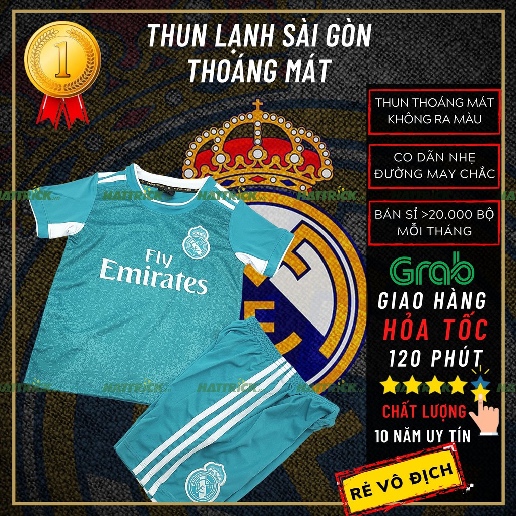 Bộ thể thao bóng đá trẻ em Real xanh ngọc 2021 (11kg-41kg) thun Sài Gòn thoáng mát may chất lượng, xưởng bán sỉ uy tín