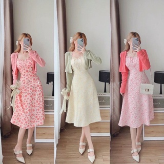  Váy Hoa Nhí 2 Dây Xếp Ly Cúp Ngực Phối Nút Bọc Chất Xốp Kèm Áo Khoác Gân Tăm S0085 - Buns Store 