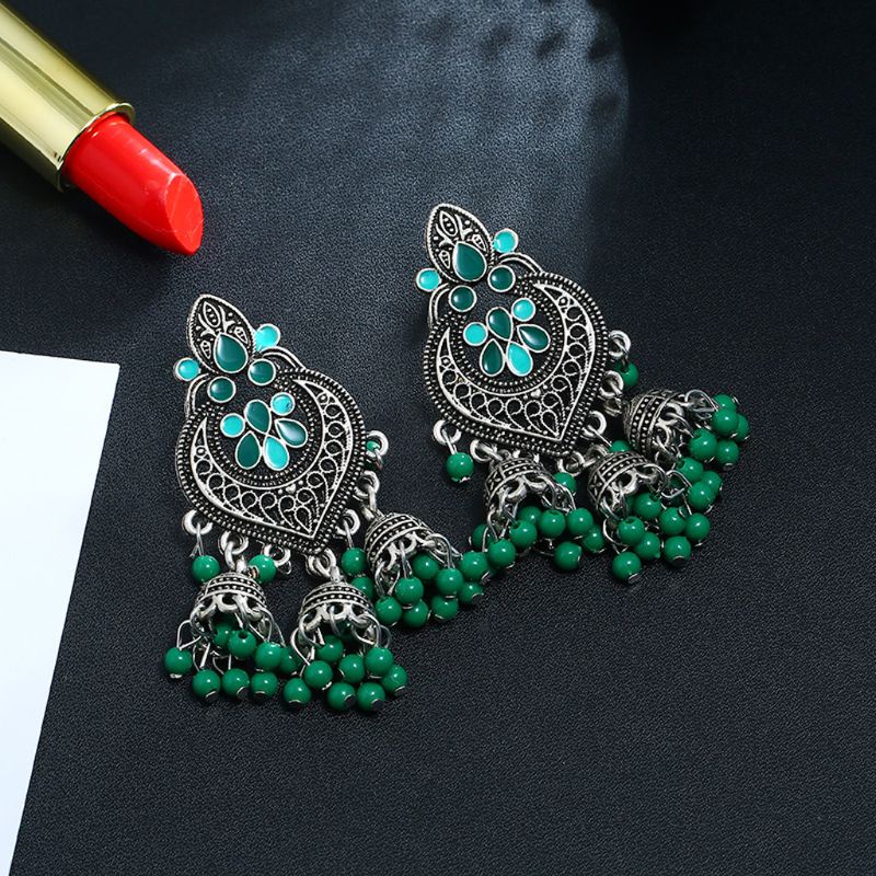 UU Bông tai dáng dài hình Bollywood Kundan Jhumka Jhumki thời trang Ấn Độ cổ điển