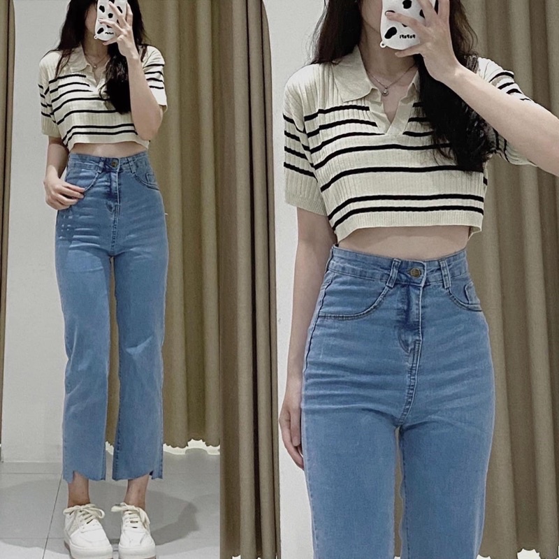 Quần jeans basic ống đứng cắt gấu chân chất dãn phom đỉnh