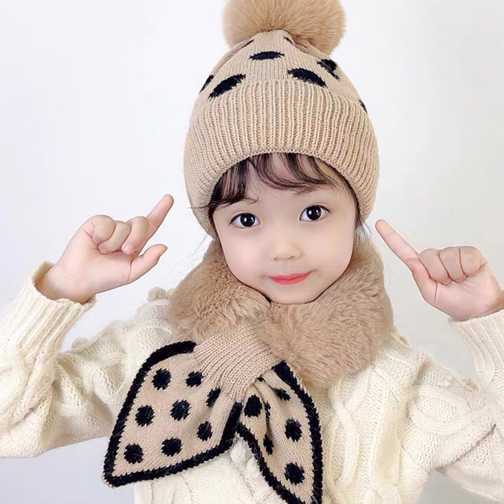Bộ khăn mũ cho bé gái, set mũ len + khăn quàng cổ chấm bi cực xinh
