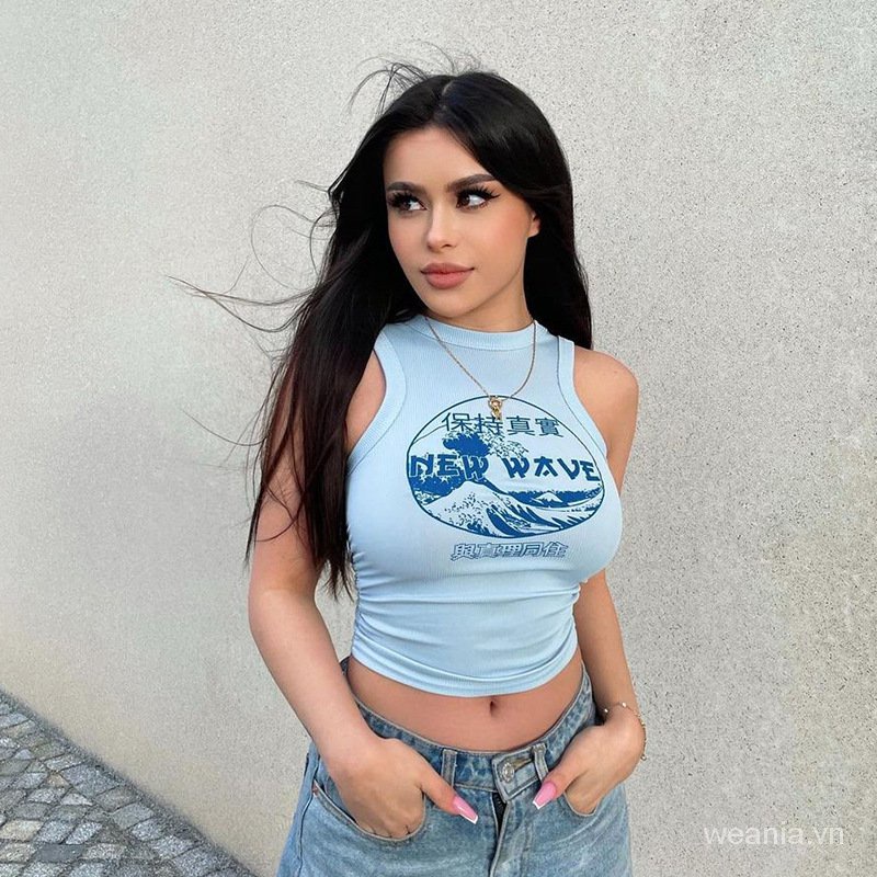 Áo Croptop Cổ Tròn In Chữ Thời Trang Cho Nữ